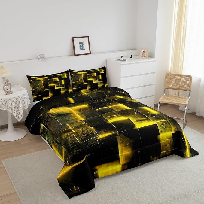 3D Geometric Bedding Set Queen Abstract Aesthetic Queen Comforter, Black and Yellow Duvet Insert Glowing Futuristic Cubes Quilt Comforter Neon Grid Bedding Comforters & Sets 3pcs (Black Reversible)