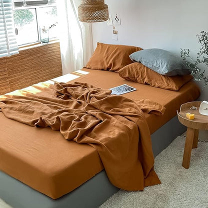 Simple&Opulence Washed Linen Bed Sheet Set Basic Style 4 Pieces (1 Flat Sheet & 1 Fitted Sheet & 2 Pillowcases) 100% Natural French Flax Soft Breathable Farmhouse Bedding (Queen, Rust)