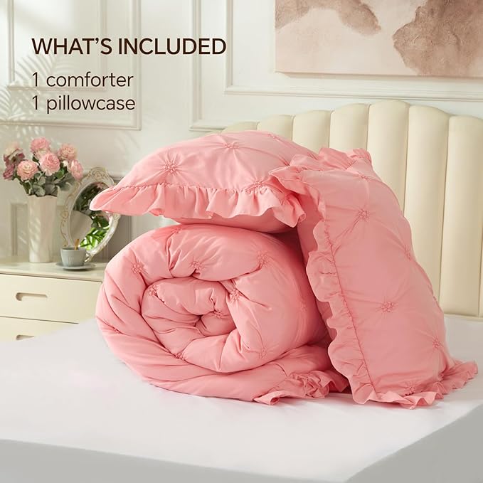 BEDELITE Pink King Size Comforter Set - 3 Pieces Boho Ruffle Pintuck Bedding Comforter Sets, Lightweight Soft & Warm King Bedding Set with 2 Pillowcases for All Season