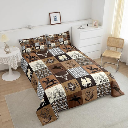 Western Cowboy Comforter Set King Size,Southwest Bedding Sets 3Pcs for Kids Boys Girls Men Room Decor,Vintage Aztec Tribal Quilt Set Desert Cactus Cowgirl Print Grid Duvet Insert 3Pcs,Brown