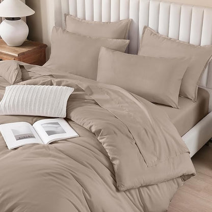 Litanika Full Size Comforter Sets Light Coffee - 7 Pieces Bed in a Bag Beddding Sets, Solid Lightweight Bed Set with Comforter, Sheets, Pillowcases & Shams