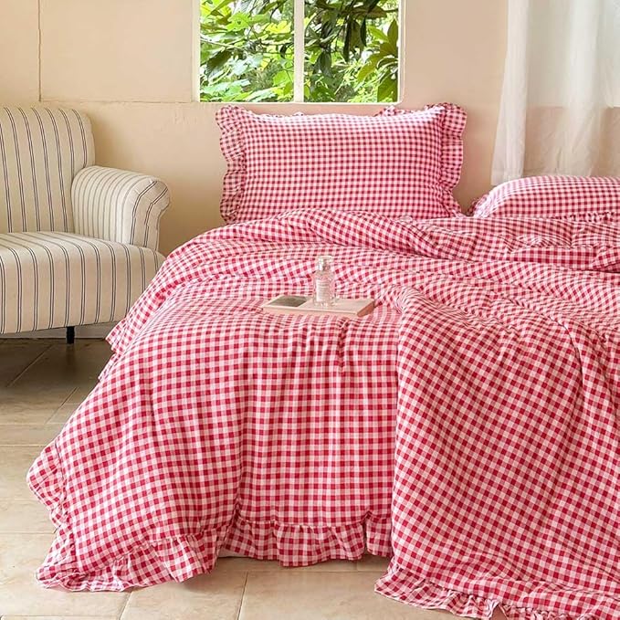 NSNLGSGC Red Ruffle Gingham Comforter Set Queen, Pre-Washed Ruffled Plaid Checked Comforter Bedding, 3 Pieces Vintage Farmhouse Grid Bedding Set(Red Gingham, Queen)