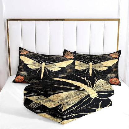 Moth Bedding Comforter Set King Size,Vintage Red Flower Hoilday Decor Comforter for Adult Women Bedroom Decor,3 Pcs 2 Pillowcases/104 * 90