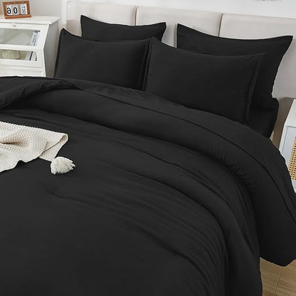 Litanika Oversized King Comforter Sets Black - 7 Pieces Bed in a Bag Oversized King Bedding Comforter Sets, Solid Lightweight Bed Set with Comforter, Sheets, Pillowcases & Shams