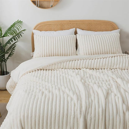 Lotus Karen Faux Fur King Size Comforter Set 3 Pieces – Soft Fluffy White Comforter Full Size, Vertical Striped Faux Rabbit Fur Fuzzy Warm Bedding Set（1 Comforter and 2 Pillowcases）