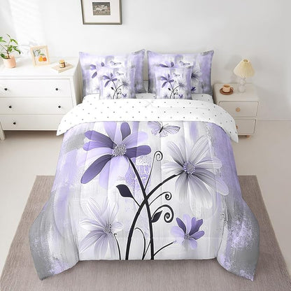 Feelyou Girls Daisy Flower Comforter Set with Sheets Queen Size 7 Pieces Kids Vintage Floral Butterfly Bedding Set for Boys Women Teens Purple White Grey Simple Modern Abstract Art Bed in a Bag