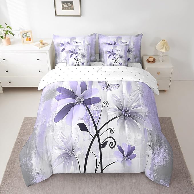 Feelyou Girls Daisy Flower Comforter Set with Sheets King Size 7 Pieces Kids Vintage Floral Butterfly Bedding Set for Boys Women Teens Purple White Grey Simple Modern Abstract Art Bed in a Bag