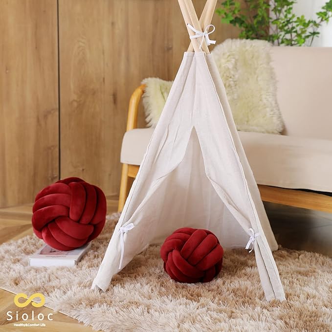 Sioloc Soft Knot Ball Pillows,Round Throw Pillow Cushion Home Decoration Plush Pillow,Throw Knotted Pillow Handmade Round Plush Pillow（13.7inches,Burgundy）