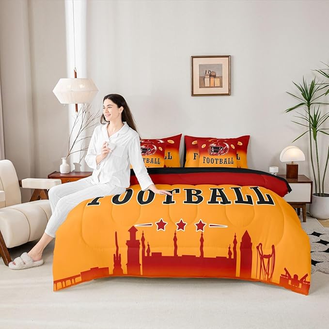 Erosebridal Football City 7 Pcs Bedding Set Sports Rugby Games Comforter Set with Sheets American Soccer Bed in A Bag Ball Competitive Sports Bed Set Twin for Kids Teen Adults