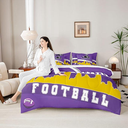 Erosebridal Football 7 Pcs Comforter Set Twin Football City Bedding for Teens Purple Football Fans Sheet Set Bed in A Bag Rugby Game Room Decor Sports Ball Competition Bed Set