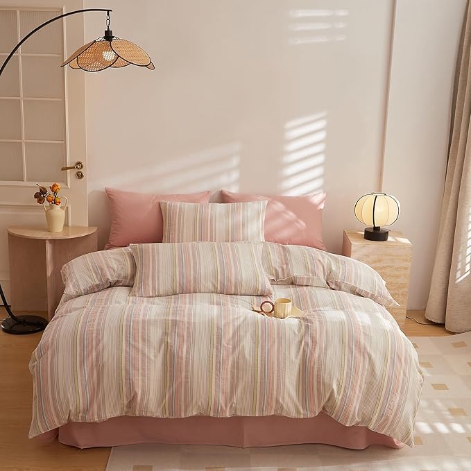 HighBuy Full Size Comforter Set 3 Piece Striped Bedding Set White Pink Stripes Comforter Teen Girls Lightweight Down Alternative Comforters for All Season 1 Stripe Comforter with 2 Pillowcases