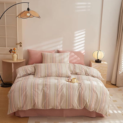 HighBuy Full Size Comforter Set 3 Piece Striped Bedding Set White Pink Stripes Comforter Teen Girls Lightweight Down Alternative Comforters for All Season 1 Stripe Comforter with 2 Pillowcases