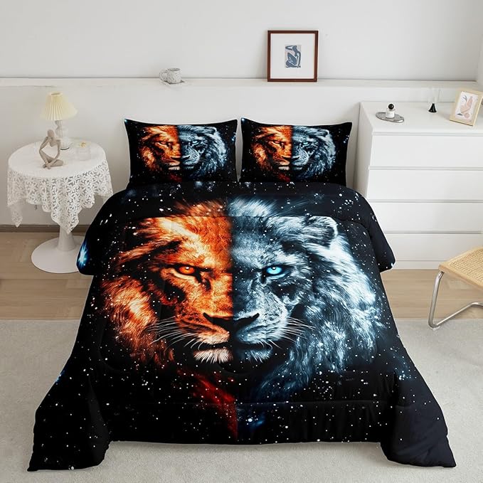 Gothic Lion Comforter Toddler,African Wildlife Exotic Animal Quilt Comforter with 1 Pillowcase,Galaxy Animal Mystery Starry Sky Bedding Set Comfortable,Soft and Breathable