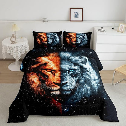 Gothic Lion Comforter Full,African Wildlife Exotic Animal Quilt Comforter with 2 Pillowcases,Galaxy Animal Mystery Starry Sky Bedding Set Comfortable,Soft and Breathable