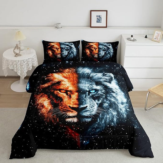 Gothic Lion Comforter Full,African Wildlife Exotic Animal Quilt Comforter with 2 Pillowcases,Galaxy Animal Mystery Starry Sky Bedding Set Comfortable,Soft and Breathable