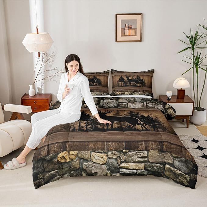 Erosebridal Rustic Deer Full Bedding Set Farmhouse Cabin Comforter Set for Boys Teen Men Hunting Wildlife Deer Theme Bed Comforter Sets,Country Lodge Western Quilt Duvet