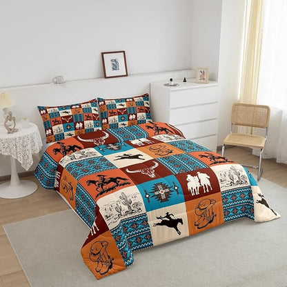 Southwestern Comforter Set Twin Size,Cowboy Cow Skull Cactus Print Bedding Sets,Aztec Striped Geometric Grid Quilt Set,Kids Girls Boys Adult Room Decor,Vintage Orange Brown Duvet Insert 2Pcs
