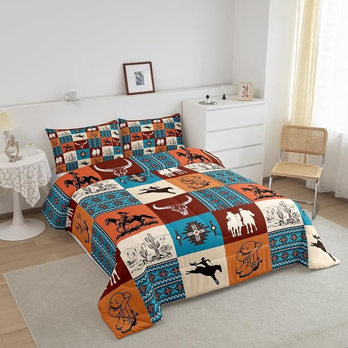 Southwestern Comforter Set King Size,Cowboy Cow Skull Cactus Print Bedding Sets,Aztec Striped Geometric Grid Quilt Set,Kids Girls Boys Adult Room Decor,Vintage Orange Brown Duvet Insert 3Pcs