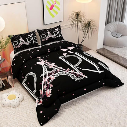 Paris Eiffel Tower Theme Comforter Set, 3D Black Pink Pattern for Kids Teens Adults,Decorative Bedding Comforter Sets with 2 Pillow Shams, Full Size