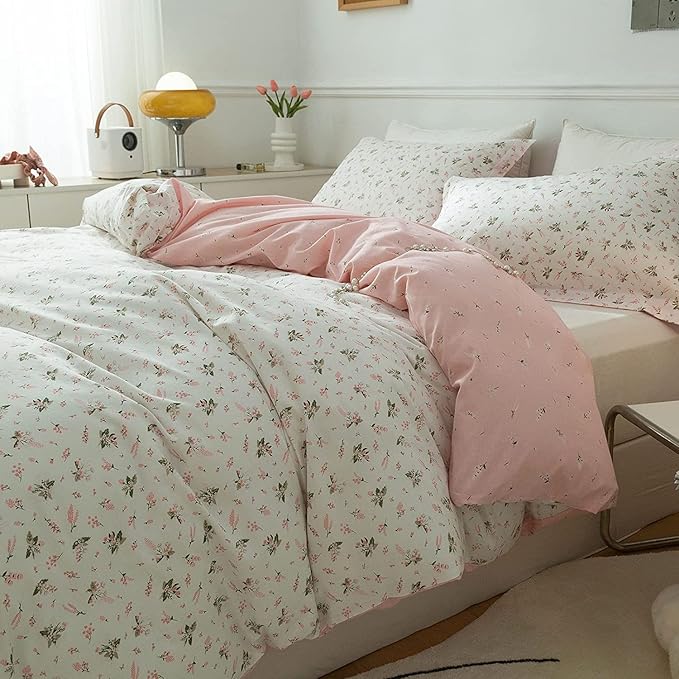 Floral Comforters Queen Size 3 Pieces Soft Cute Floral Bedding Comforter Sets Garden Style Pink Flower Print Botanical Flowers Comforter Set for All Seasons 1 Comforter and 2 Pillowcases