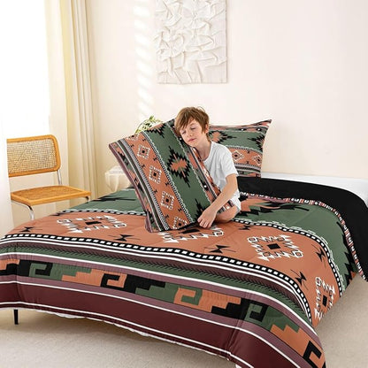 Erosebridal Western Decor,Vintage Exotic Indian Geometric Bedding Set Boho Western Comforter Set King,Ethnic Tribal Arrow Quilt Aztec Duvet Insert,Rustic Farmhouse Home Decor Green Brown