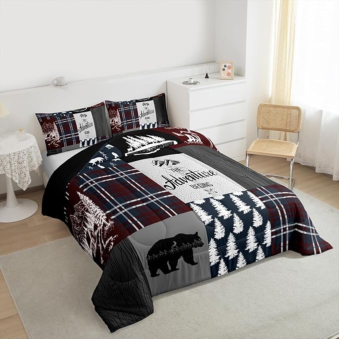 Retro Cabin Bedding For Kids, Rustic Adventure Bear Deer Moose Comforter Set King Size, Camping Hunting Wild Animal Bedding Comforter Sets Geometric Patchwork Lodge Decor Quilt Deer Decor For Home