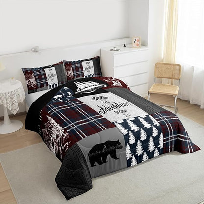 Retro Cabin Bedding For Kids, Rustic Adventure Bear Deer Moose Comforter Set King Size, Camping Hunting Wild Animal Bedding Comforter Sets Geometric Patchwork Lodge Decor Quilt Deer Decor For Home