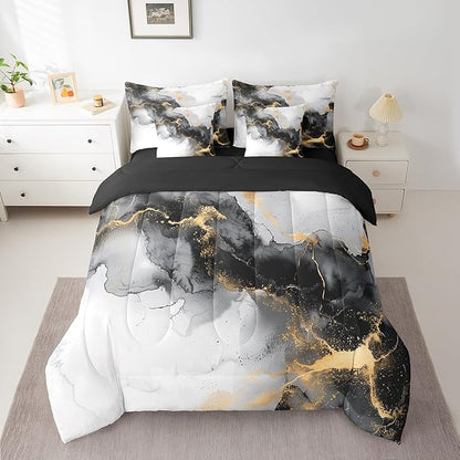 Black and Gold Bedding Comforter Sets 7 Pieces Watercolor Marble Bed in a Bag, Abstract Marbling Twin Bedding Sets Stone Pattern Comforter Set, Mountain Fluid Foil Print Bedding Sets & Collections
