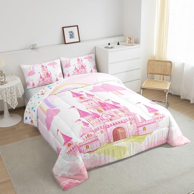 Feelyou Kids Toddler Pink Castle Comforter Set Boys Rainbow Castle Bedding Set Girls Princess Comforter Fairy Tales Duvet Set Girls Bed Set 2Pcs
