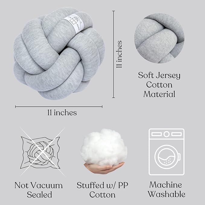 Large Knot Pillow Cotton Knot Pillow Ball | 11in. Ball Pillow in 3 Classy Colors | Modern Home Decorative Knot Throw Pillow Knot Pillows | Knotted Pillow | Knot Ball Pillow (Grey)