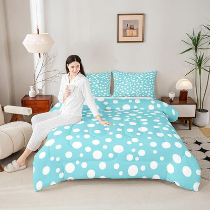 Manfei White Polka Dots Comforter Set,Chic Teal White Geometric Circles Simple Bedding Set for Kids Teens Bedroom,French Style Cute Dots Print Quilt Set 2 Pcs with 1 Pillowcase,Toddler