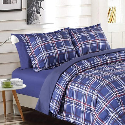EMME Queen Comforter Set with Sheets, 7 Piece Queen Size Bedding Sets, All Season Plaid Bedspread Bed Set with 1 Comforter, 1 Flat Sheet, 2 Pillowcases and 2 Pillow Shams