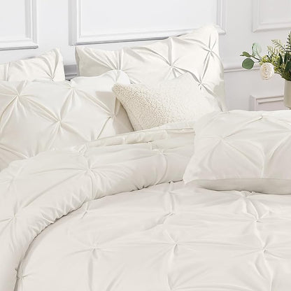 Andency Ivory Pinch Pleat Comforter Full(79x90Inch), 3 Pieces(1 Down Alternative Comforter and 2 Pillowcases) Ivory Bed Set Microfiber Pintuck Bedding Set