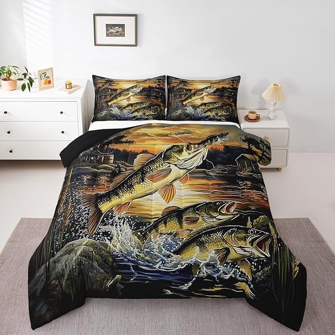 Erosebridal Big Pike Fish King Bedding Set,Bass Fishing Theme Comforter Set for Kids Boys Men,Vintage Lake House Comforter,Rustic Cabin Lodge Bedroom Room Decor,2 Pillowcases Lightweight