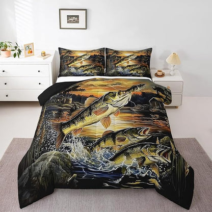 Erosebridal Big Pike Fish King Bedding Set,Bass Fishing Theme Comforter Set for Kids Boys Men,Vintage Lake House Comforter,Rustic Cabin Lodge Bedroom Room Decor,2 Pillowcases Lightweight
