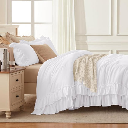 Andency White Ruffle Comforter Set King, Shabby Chic Farmhouse Bedding Comforter, Soft Lightweight Fluffy Microfiber Bet Set All Season 3 Pieces Solid Comforter Set