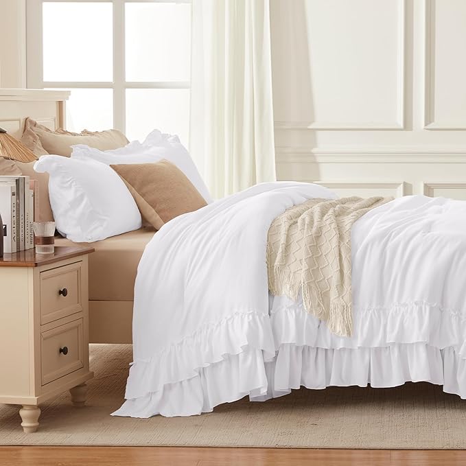 Andency White Ruffle Comforter Full Set, 3pcs Vintage Farmhouse Shabby Chic Bedding Comforter Set, Soft Lightweight Fluffy Bed Comforter Sets All Season Bedding Set