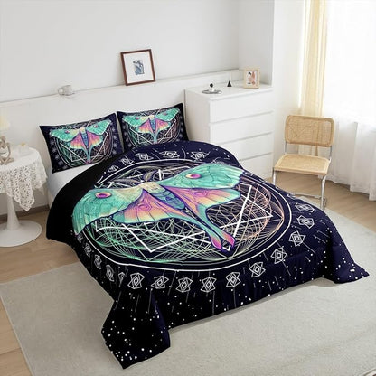 Erosebridal Moth Comforter Butterfly Bedding Set Queen Size Gothic Decor Down Comforter Geometric Comforter Set Halloween Duvet Set for Kids Boys Girls Teens Room Dorm Decorative, Navy Blue