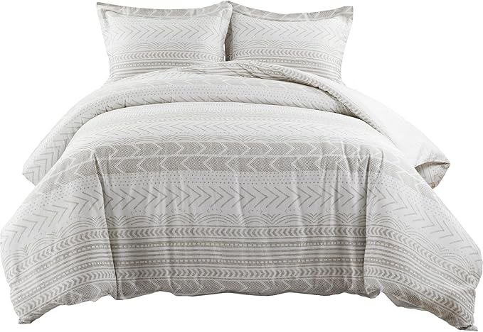 Lush Decor Hygge Geo Reversible 3 Piece Cotton Duvet Set, Full/Queen, Taupe & White