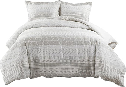 Lush Decor Hygge Geo Reversible 3 Piece Cotton Duvet Set, Full/Queen, Taupe & White
