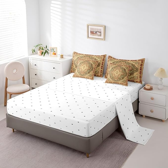 Vintage Bed in a Bag Terracotta Art Deco King Bedding Sets, Retro Bohemian Comforter Set Oriental Medallion Bedding Comforter Sets 7pcs, Tribal Paisley Bedding Sets Women Girls Aesthetic Room Decor