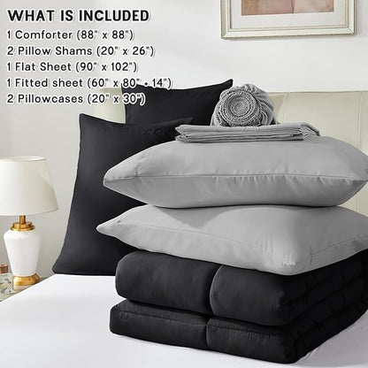 Anluoer Queen Comforter Set 7 Piece, Black and Grey Bed in a Bag with Sheets, All Season Bedding Comforter Sets with 1 Comforter, 2 Pillow Shams, 2 Pillowcases, 1 Flat Sheet,1 Fitted Sheet