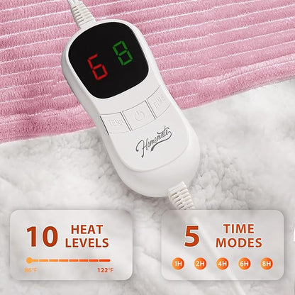Homemate Heated Blanket Electric Throw - 50"x60" Heating Blanket Throw 1/2/4/6/8 Hours Auto-Off 10 Heat Levels Over-Heat Protection Soft Flannel Sherpa ETL Certification