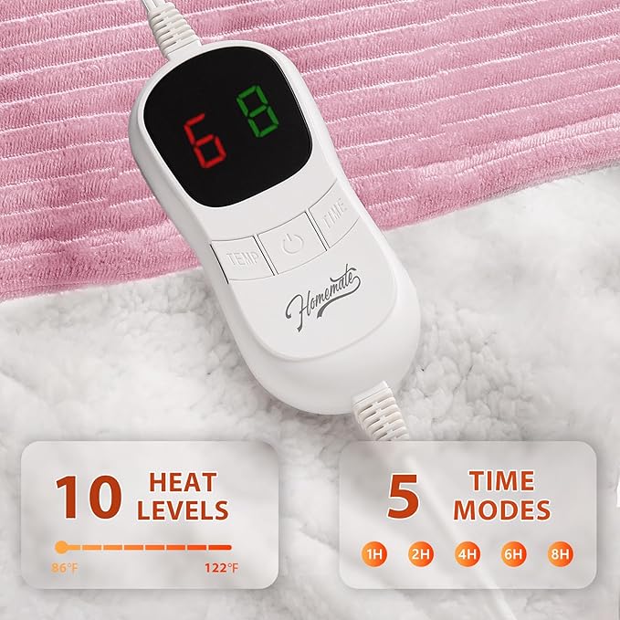 Homemate Electric Heated Blanket Full Size - 72"x84" Heating Blanket Full Size 1/2/4/6/8 Hours Auto-Off 10 Heat Level Over-Heat Protection Soft Flannel Sherpa ETL Certification