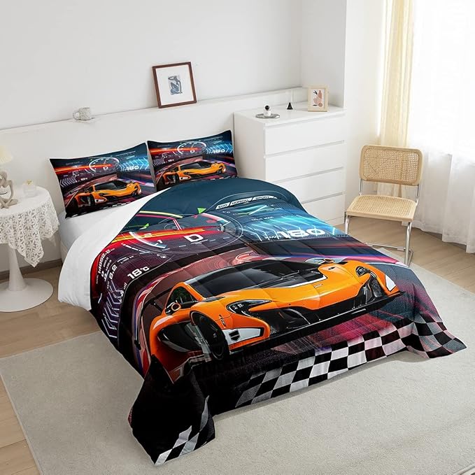 Feelyou Race Car Bedding Set Boys Extreme Sports Comforter Set for Kids Boys Cool Car Comforter Car Sports Quilt Set 1 Comforter Set with 2 Pillowcases Full Size