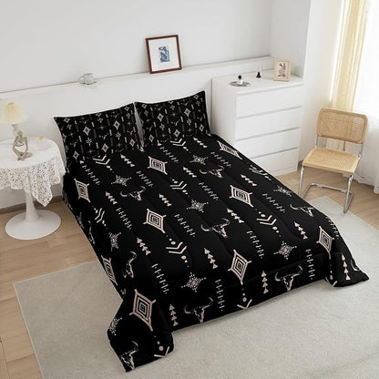 Feelyou Rustic Western Bedding Set Twin Size Kids Western Tribal Bull Skull Comforter Adult Black Brown Boho Ethnic Aztec Cow Pattern Comforter Set