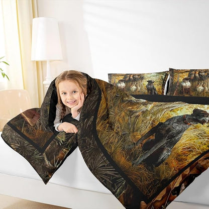 Erosebridal Pheasant Hunting Comforter Set Queen Size Black Dog Bedding Set Boho Farmhouse Wild Animals Down Comforter Woodland Leaves Hunter Gun Room Decor Quilt Set for Men Boys Adults Kid