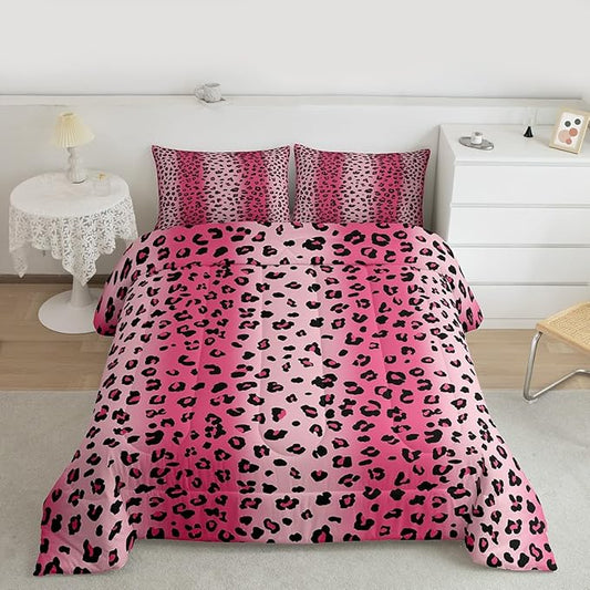 Erosebridal Pink Leopard Twin Comforter Set for Kids Boys Girls,African Cheetah Print Bedding Set,Farmhouse Rustic Duvet Insert,Pink Gradient Bed Set for All Season