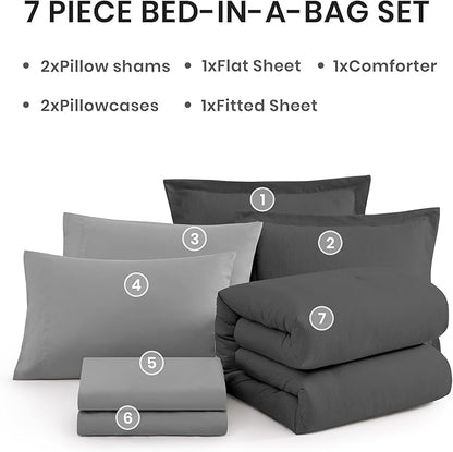 Monbix King Size Comforter Set, Dark Grey King Size Bed Set Reversible 7 Pieces, Cationic Dyeing Bed in a Bag with Comforter, Sheets, Pillowcases & Shams