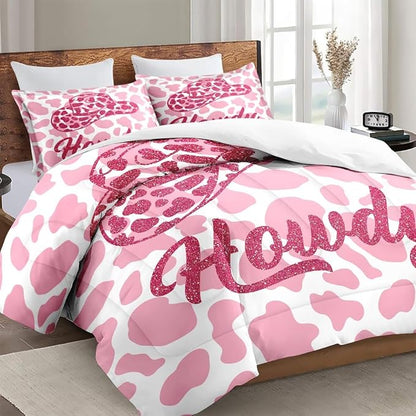 Twin Size Comforter Set with Pillowcase, Western Cowboy Cow 2 Pcs Bedding for Kids and Adults, Pink Cowgirl Leopard Print Soft Comforter Set for Bedroom Bed Decor